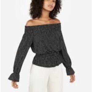 Express Printed Off Shoulder Smocked Top Black with Polka Dots Size Large